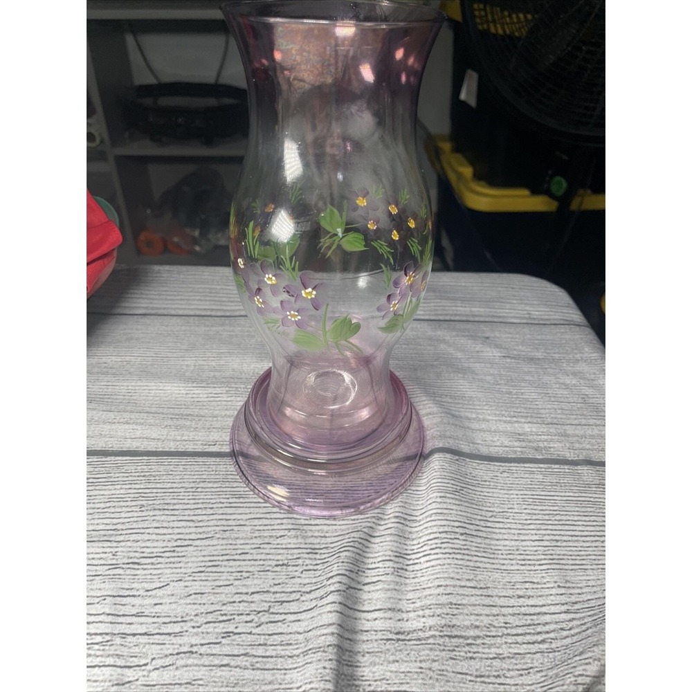 Hand Painted Flower Glass Hurricane W/Base